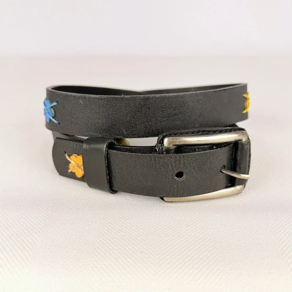 Boho Vintage Black Leather Flower Applique Belt Silver Roller Buckle Multi Color